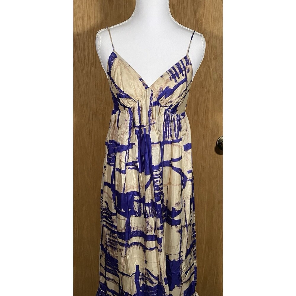 Women's Sz 6 Strappy Maxi Dress Silk Tiered Abstract Boho Wedding Resort Beachy